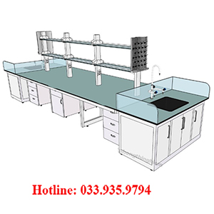 Bàn thí nghiệm trung tâm kết hợp chậu rửa hai đầu và giá hai tầng