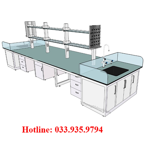Bàn thí nghiệm trung tâm kết hợp chậu rửa hai đầu và giá hai tầng